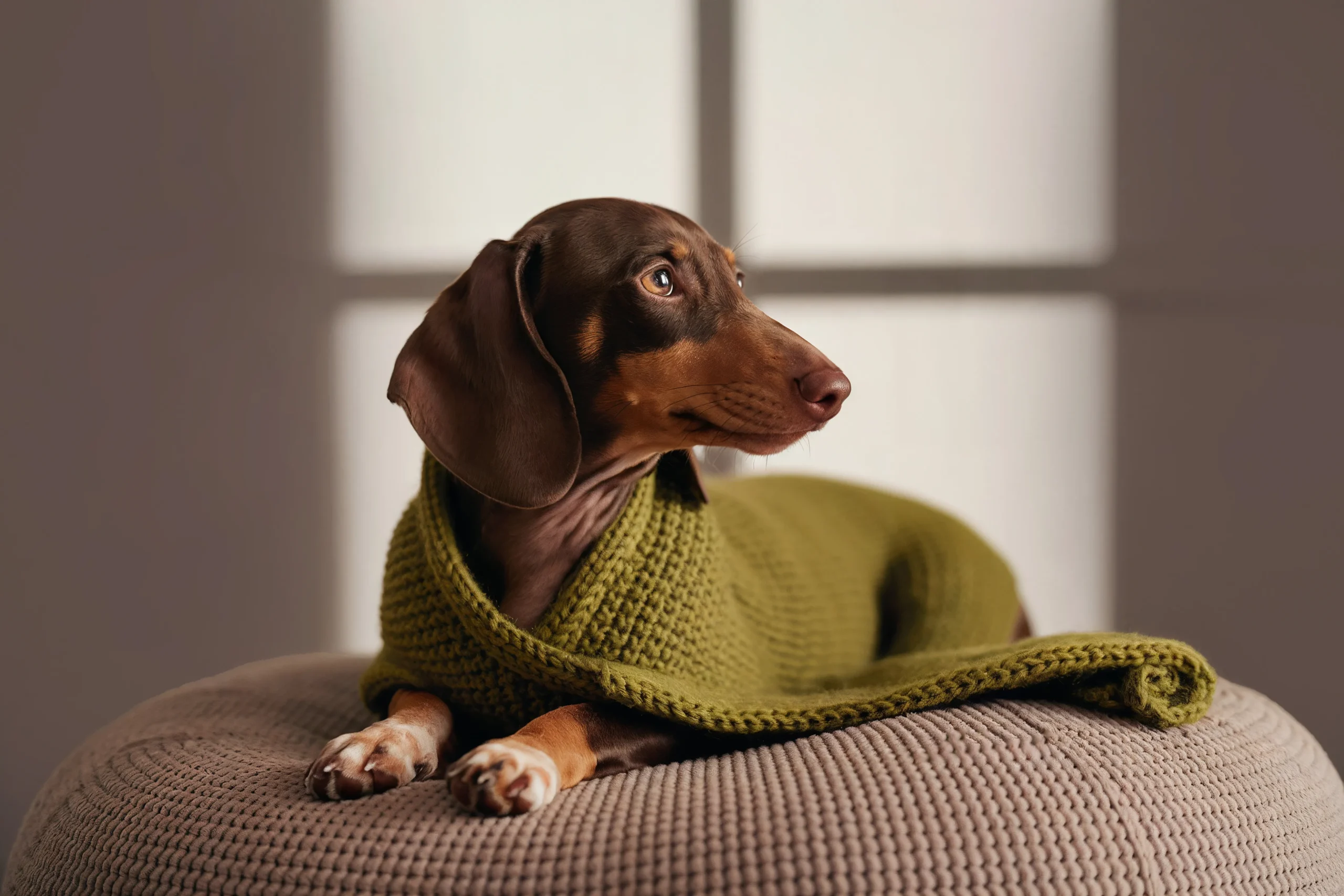 Teckel 1 dachshund dog wearing green knitted sweater scaled le-teckel.fr